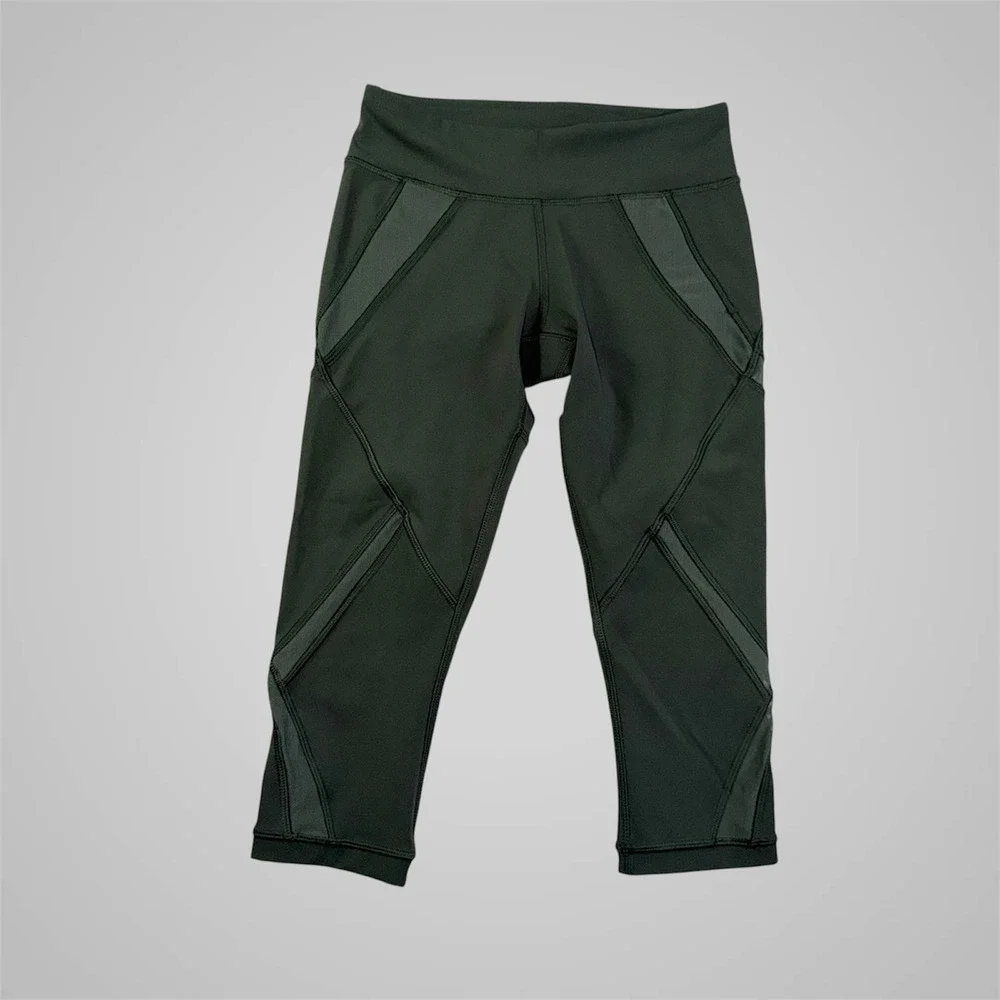 Lululemon Tight Stuff Crop II Dark‎ Olive Green Mesh Running Tights Yoga Size 2